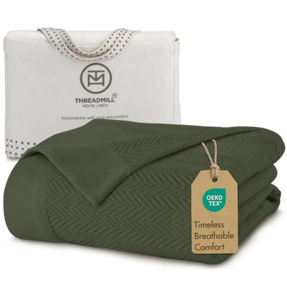 Threadmill Luxury 100% Cotton Queen Herringbone Blanket, Olive - color: Olive, size: Queen (90" x 92")