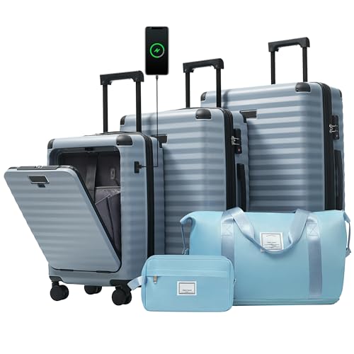 Hardside 5-Piece Luggage Set with Front Opening, Expandable Spinner (Sky Blue) - color: N + Sky Blue