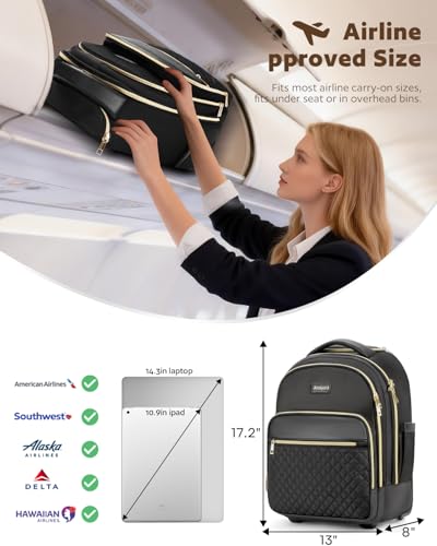 Arcoyard Rolling Backpack for Women, 15.6 Inch Travel Backpack with Wheels - color: Black Gold, size: 15.6-inch