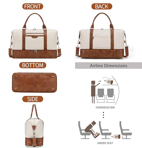 Oeihuivt Weekender Bags for Women - 21 Inch Large Travel Duffel Bag 3-Piece Set with Shoe Compartment, Heavy-Duty Canvas & Leather Carry On Overnight Tote (Airplane Approved) - color: Brown-Beige-A
