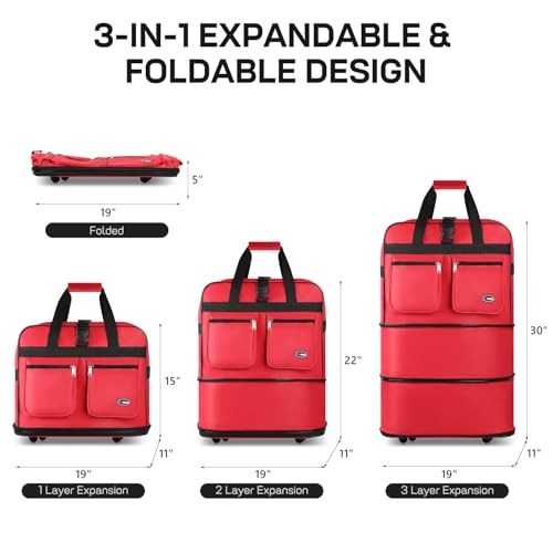 30'' Expandable Rolling Duffel Bag Suitcases w/Wheels,Foldable Luggage Bag - color: Red, size: 30"