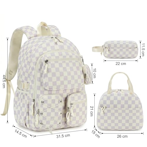 PiPiCat Backpack for Girls 4 in 1 Back to School Bookbag - color: K2 Checkered Purple