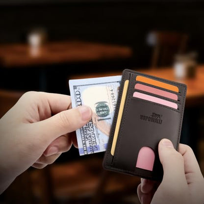 Genuine Leather Mens Wallet Slim RFID Blocking Credit Card Holder - color: CrazyHorse Brown