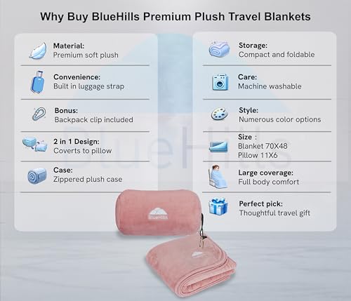 BlueHills Premium Soft Rolled Travel Blanket Airplane Long Flights - Pink - color: R02-pink