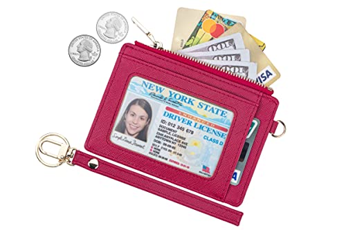 Wikavanli Women Slim Rfid Blocking Credit Card Case Holder Wristlet Zip ID Case Wallet Small Compact Leather Wallet Coin Purse with Keychain (Rose Red) - color: Rose Red