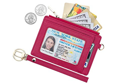 Wikavanli Women Slim Rfid Blocking Credit Card Case Holder Wristlet Zip ID Case Wallet Small Compact Leather Wallet Coin Purse with Keychain (Rose Red) - color: Rose Red