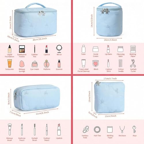AMDAILY 4Pcs Quilted Makeup Bag Set, Bowknot Puffy Makeup Bag w/Bow Zipper - color: Sky Blue