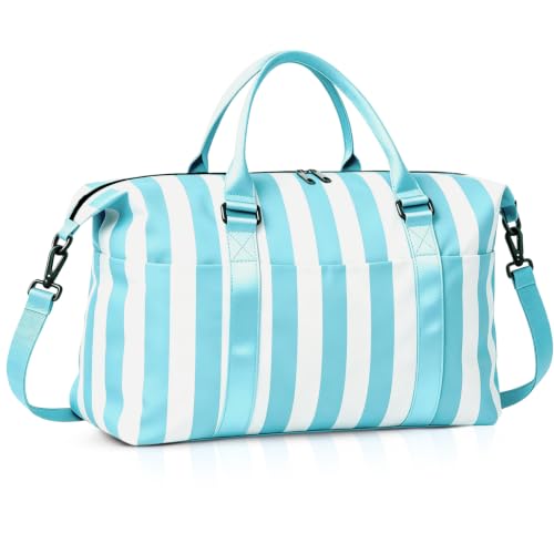 Travel Duffle Bag for Women, Carry On Weekender Tote with Trolley Sleeve - color: Blue White