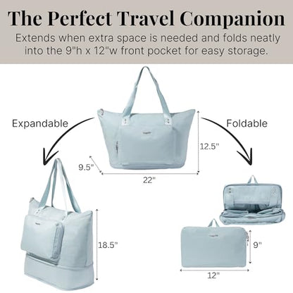 Baggallini Carryall Expandable Lightweight Travel Tote 22" Packable Folding Compact Nylon Washable Weekender w/Luggage Sleeve - color: Pool