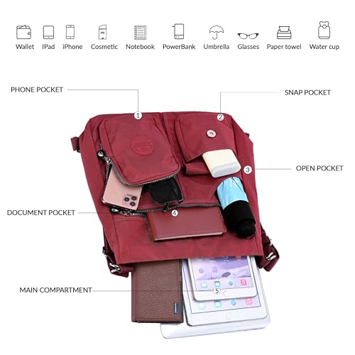 Hobo Purse for Women, Nylon Crossbody Shoulder Handbag Convertible Backpack - color: Red