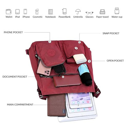 Hobo Purse for Women, Nylon Crossbody Shoulder Handbag Convertible Backpack - color: Red