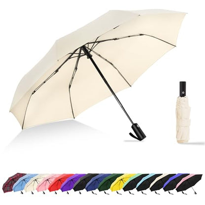 Windproof Travel Umbrella, Automatic Compact Folding Umbrella, Small Travel Size Umbrella for Rain, Backpack & Everyday Carry - color: Cream