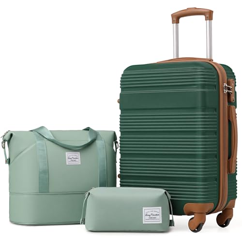 LONG VACATION Luggage Sets with Spinner Wheels, Carry on Suitcase 3 Piece - color: GREEN-BROWN, size: 3 piece set(DB)