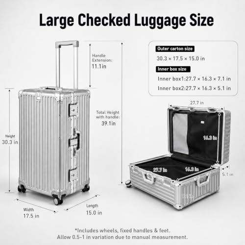 28 Inch Checked Luggage, Silver, 3-Layer Premium PC Large Suitcase - color: Silver