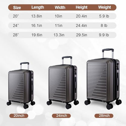 OUZZO Durable Luggage Sets 3 Piece PC Hardshell Lightweight 20/24/28'' - color: grey, size: 3 Piece Set-20"/24"/28"