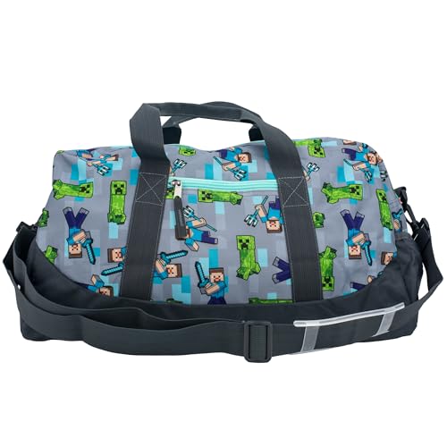 Minecraft Duffle Bag, 16 inch Travel Sleepover Weekender Bag for Girls & Boys, Green/Gray - color: Grey