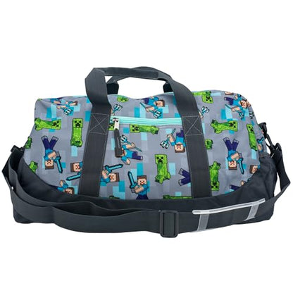 Minecraft Duffle Bag, 16 inch Travel Sleepover Weekender Bag for Girls & Boys, Green/Gray - color: Grey