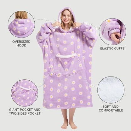 Wearable Blanket Gift for Women & Men Sherpa Flannel Blanket Hoodie Long Warm and Cozy Blanket with Giant Pocket，Daisy