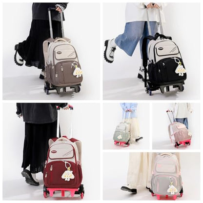 Rolling Backpack with 6 Wheels for Girls Boys, Kids Roller Book Bag for Elementary Middle School Wheeled Bag for Travel with Cute Pendant - color: 6 Wheels-275#grey