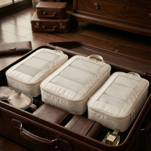 G-FORCE 3PC Compression Mesh Mid-Rectangular Packing Cube Set Stone Color | Space Saver Travel Organizer | Luggage Compression Cubes - color: Stone - 3 PCs