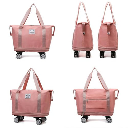 Travel Tote Bag with Trolley Sleeve Expandable Extra Duffel Bag with Wheels Lightweight Traveling Foldable Suitcase - color: Dark Blue