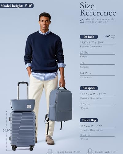 Coolife Lightweight Luggage with TSA Lock,3 Piece Set Blue - color: Blue, size: 3 Piece Set (Backpack/TB/20in)