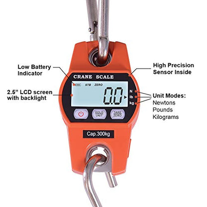 Fuzion Hanging Scale 660LB/300KG, Crane Scale with Snap-Fit Lifting Ring - color: Orange