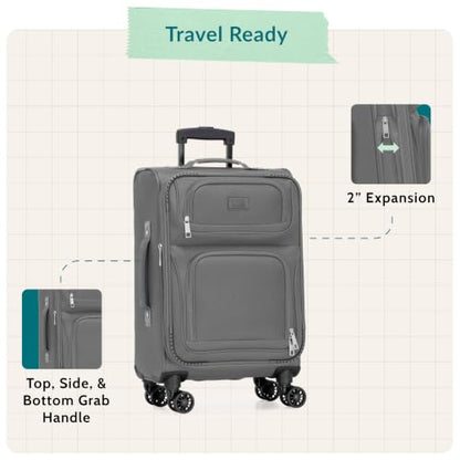 U.S. Traveler Rio Lightweight Softside Rolling Carry-on Suitcase, 4-Wheel Single, Light Gray - color: Light Gray, size: 22"