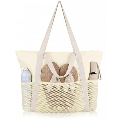 HOMESPON Beach Bag Large Waterproof Sandproof Tote for Women with Zipper and Mesh Pockets | 2 Sizes up to 41L, Wet-Dry Separation, Inner Security Pocket, Pool Cruise Yacht & Spa - color: Beige, size: Medium