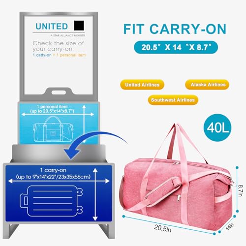Carry On Luggage 22x14x9 Airline Approved, 40L Gym Duffle Bag for Travel - color: Pink, size: 40L