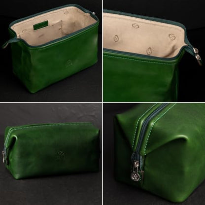 Time Resistance Leather Toiletry Bag - Italian Cosmetic Case Dopp Kit (Green) - color: Green