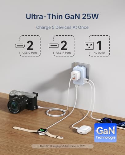 ORICO Ultra-Thin GaN Travel Adapter 25W, International Plug Adapter | 5-in-1 (1 AC Outlet 2 USB-C and 2 USB-A Ports) Universal Power Adapter for US EU UK AU 200+ Countries (2500W Max) - 1 Pack - color: Blue