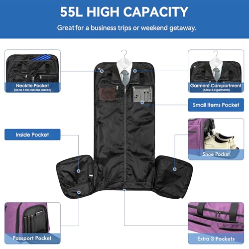 Bukere Carry on Garment Duffle Bag for Travel, Convertible Suit Bag with Backpack Shoulder Straps, Shoe Compartment, Waterproof 3 in 1 Weekender Suit Bag for Men Women - color: Backpack Purple
