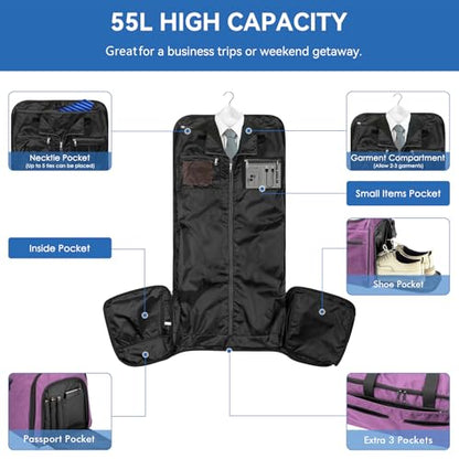 Bukere Carry on Garment Duffle Bag for Travel, Convertible Suit Bag with Backpack Shoulder Straps, Shoe Compartment, Waterproof 3 in 1 Weekender Suit Bag for Men Women - color: Backpack Purple