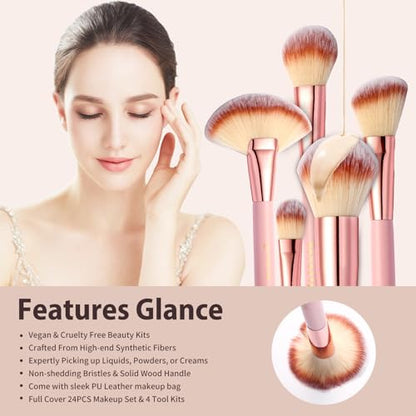 28Pcs Makeup Brushes With Sponges Girls Travel Makeup Case Pink - color: Pink
