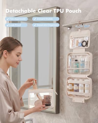 Prite Hanging Toiletry Bag for Women Waterproof Travel Makeup Bag - color: Beige, size: Medium