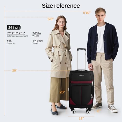 24'' Luggage,Softside Suitcase,w/LOCK,Expandable 15% - color: Black-Burgundy, size: Checked-Medium 24-Inch