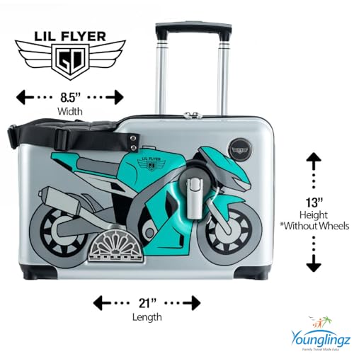Younglingz LIL FLYER GO Version 2 Ride On Suitcase for Kids | Carry On Luggage with Toddler Seat, Foldable Handlebars, Pedals, and Removable Wheels | Holds up to 80 lbs | Green Motorcycle | Ages 2-6 - color: Green Motorcycle V2