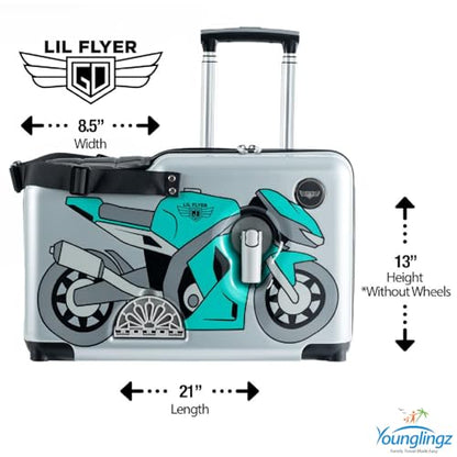 Younglingz LIL FLYER GO Version 2 Ride On Suitcase for Kids | Carry On Luggage with Toddler Seat, Foldable Handlebars, Pedals, and Removable Wheels | Holds up to 80 lbs | Green Motorcycle | Ages 2-6 - color: Green Motorcycle V2
