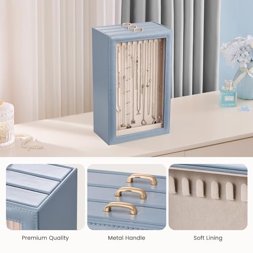 Lolalet Necklace Organizer Box, Jewelry Display Case, Blue, 3 Layers - color: Dusty Blue, size: 3 Layers, 30 Hooks