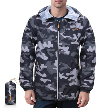 APEXUP Packable Rain Jacket Men Waterproof Lightweight Raincoat with Hood - color: Camo, size: Medium