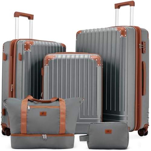 KUNEL Luggage Sets 5 Piece, Hardshell Expandable Suitcase, 20/24/28inch - color: Grey