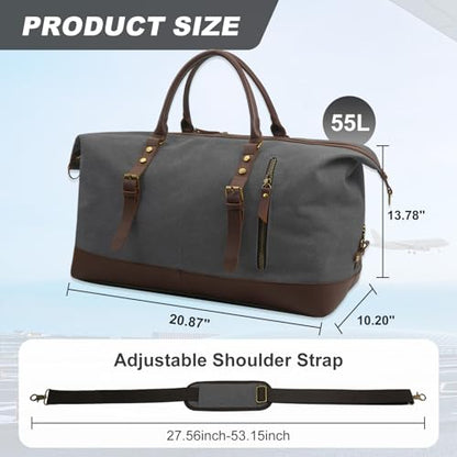 55L Canvas Duffle Bag for Men, Carry On Travel Weekender Overnight Bag - color: Grey