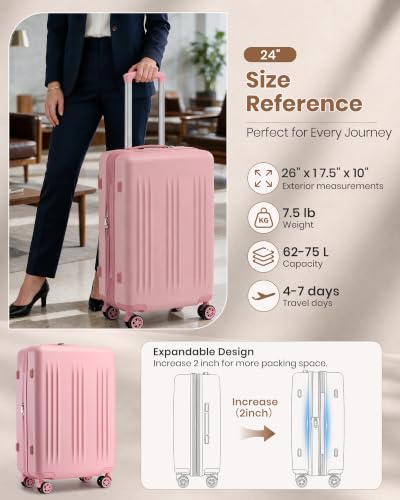 Kono 24 Inch Expandable Checked Luggage with Spinner Wheels TSA Lock Pink - color: Pink, size: 24"