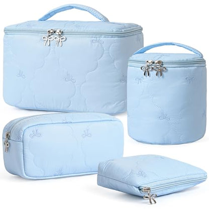 AMDAILY 4Pcs Quilted Makeup Bag Set, Bowknot Puffy Makeup Bag w/Bow Zipper - color: Sky Blue