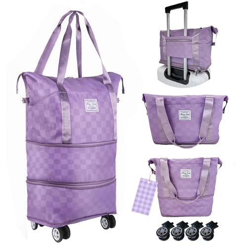 Expandable duffel bag,carry-on large bag with wheels(PURPLE Check) - color: PURPLE