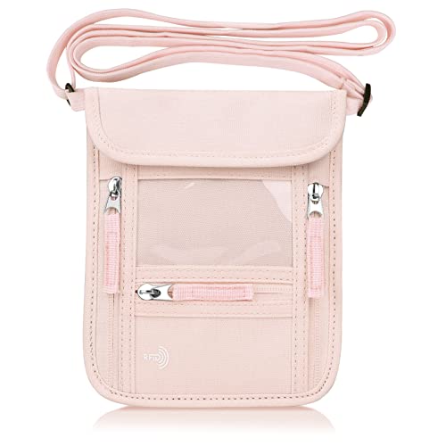 WALNEW Passport Holder Neck Pouch Travel Wallet for Women and Men, RFID Blocking Security Slim Traveling Wallet with Around Neck Lanyard Strap, Pink | Around Neck Lanyard Strap, Travel Safety Anti Theft Bag, Neck Wallet for Traveling Women - color: Pink