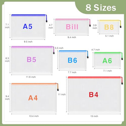 Smarpau 8pcs Mesh Zipper Pouch Bags,8 Sizes 8 Colors Clear Plastic File Bag - size: Multisizes-8pcs