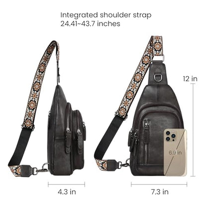 HESHE Leather Sling Bag for Women RFID Crossbody Purse Fanny Pack Chest Bag - color: Grey