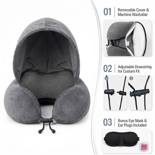 Travel Neck pillow for Airplane, with Large Hood Eye Mask Earplug and Bag - color: Grey